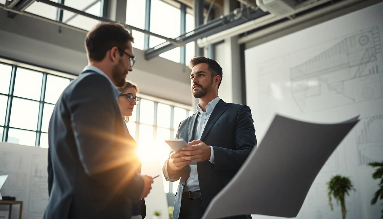 Headhunter Ingenieure beraten in einem modernen Büro mit technischen Diagrammen im Hintergrund.