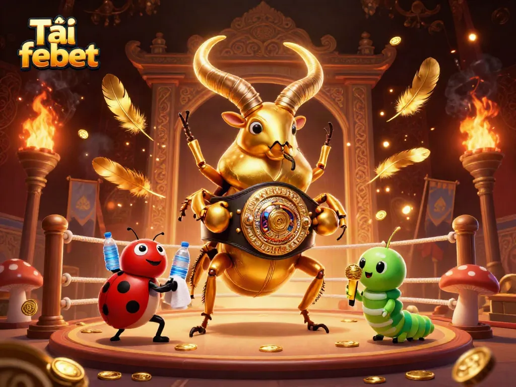Experience thrilling moments at Tải febet with our illustrated golden stag beetle boxing champion surrounded by casino excitement.