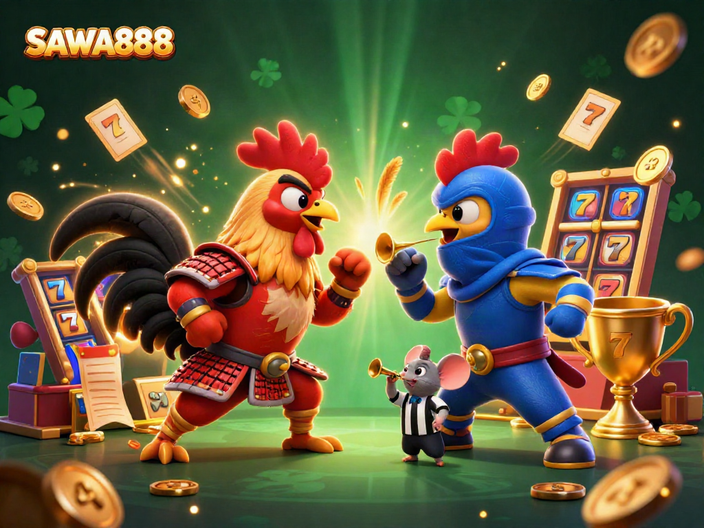 Engage with thrilling slots action at SAWA888 as cartoon roosters battle over golden winnings in a vibrant casino.