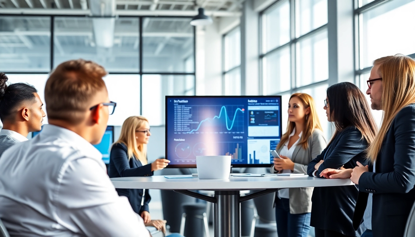 IT Consulting team collaborating professionally in a modern office setting.