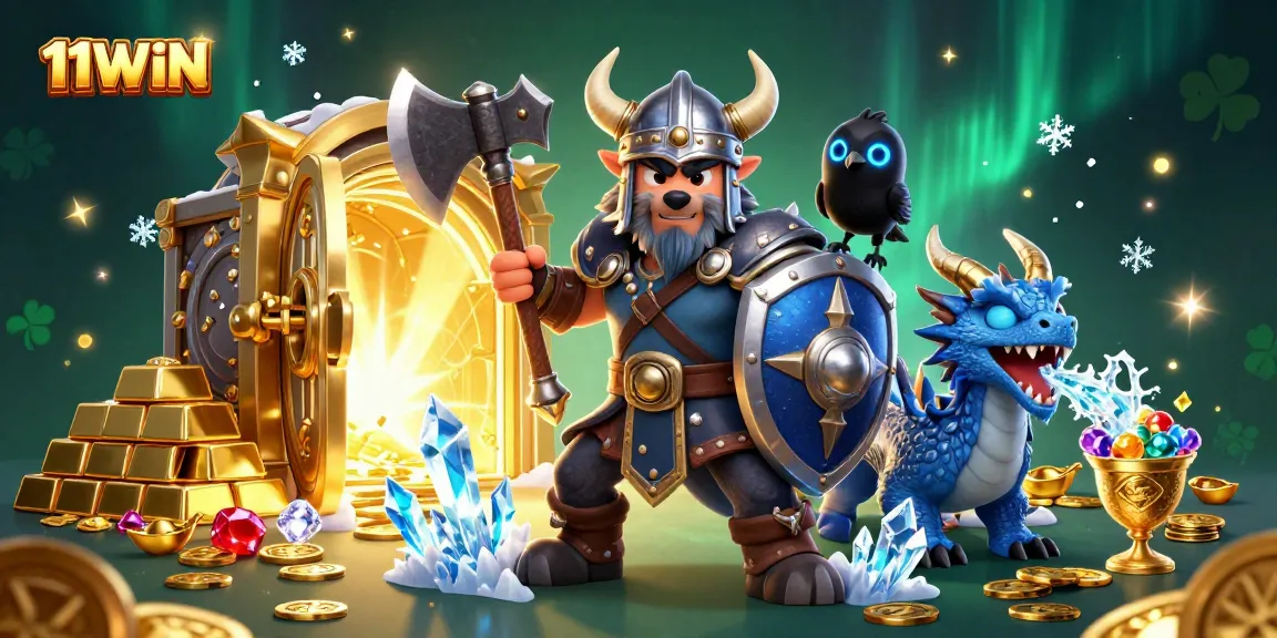 Experience thrilling gameplay with 11WIN as a Viking warrior battles for treasure amidst dazzling casino elements.