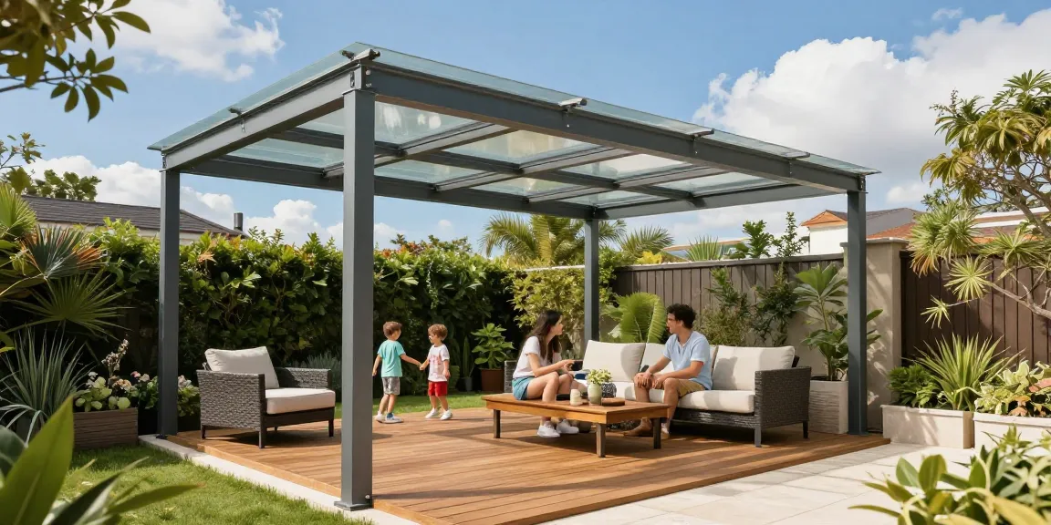 Moderne Terrassenüberdachung in einem Garten mit Familie und sonnigem Wetter.