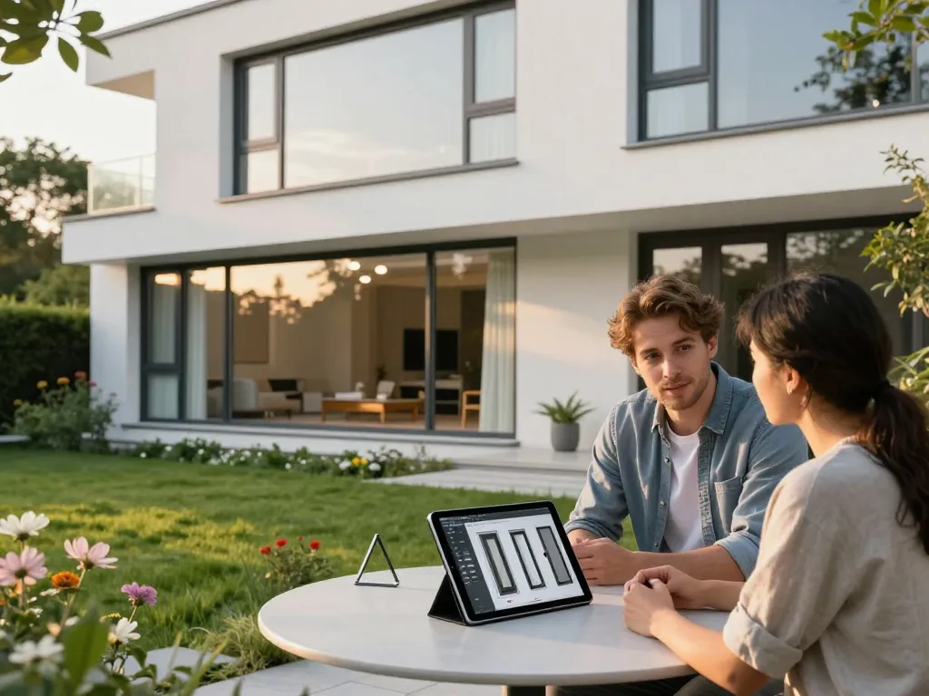 Vorstellung von fenster schüco Fenstern in einem modernen architektonischen Design mit einem Paar, das Optionen bespricht.