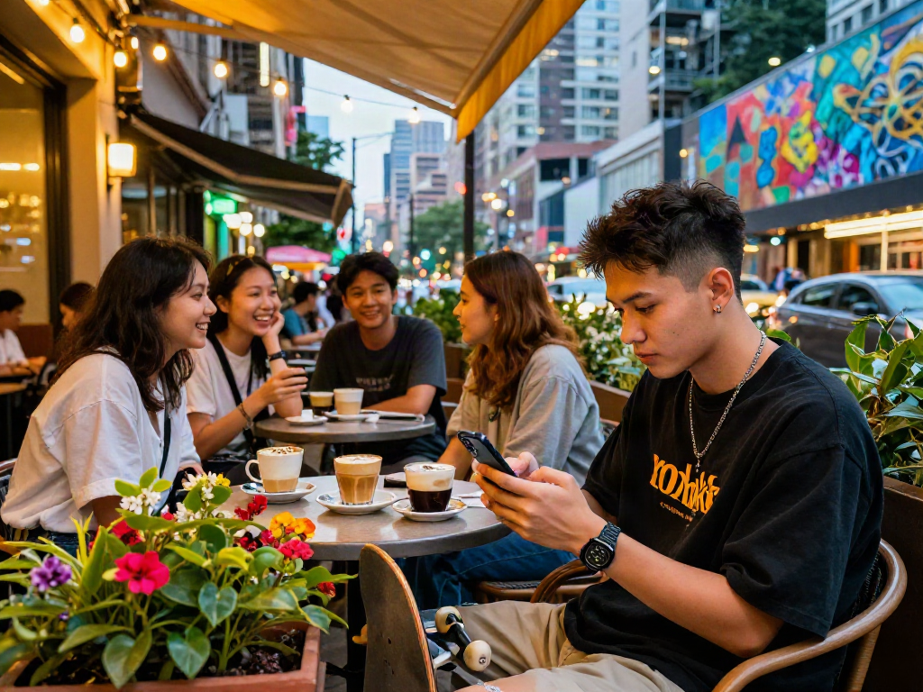 Youth engaging with the rokok88 app at an outdoor café, surrounded by friends and city life.