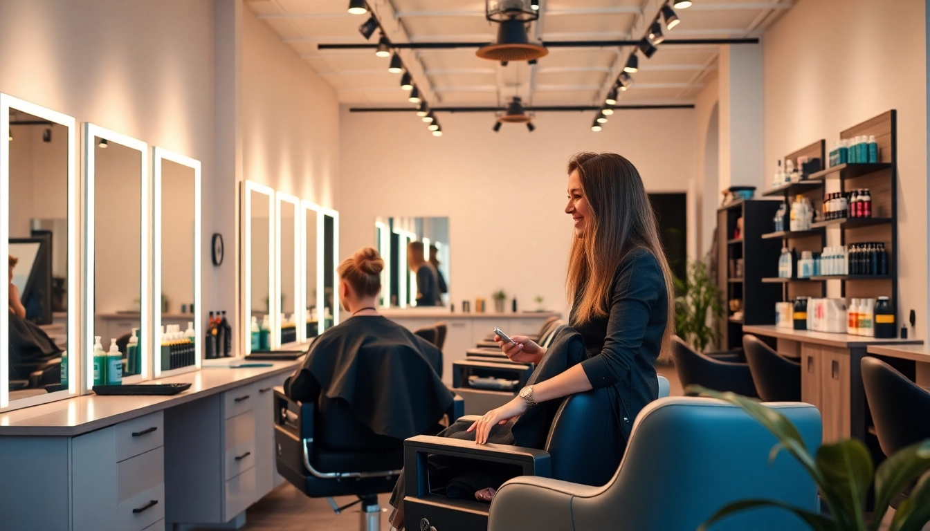 Experience the vibrant atmosphere of the meilleur salon de coiffure featuring stylish decor and happy clients.