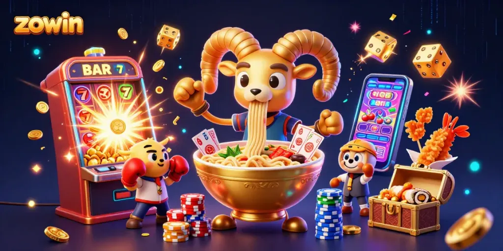 Zowin delivers thrilling casino action in a vibrant 3D illustration showcasing games, jackpots, and characters.