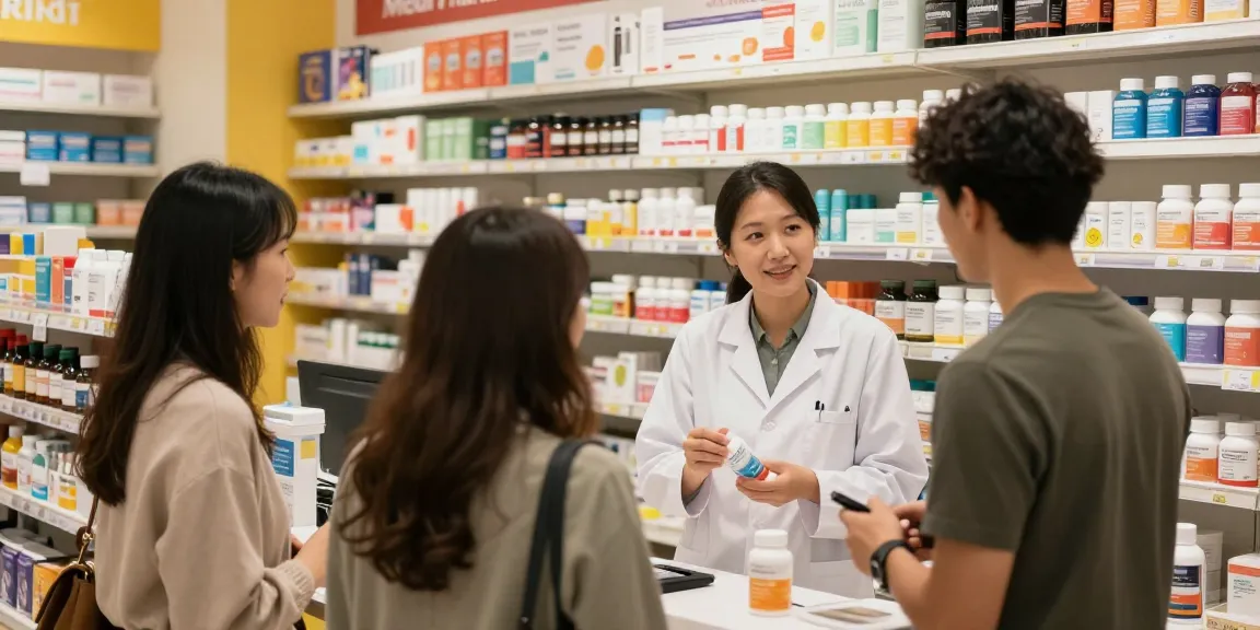 Medi Pharma Shop Apotheker, der Kunden mit Gesundheitsprodukten in einer lebhaften Einzelhandelsumgebung unterstützt.