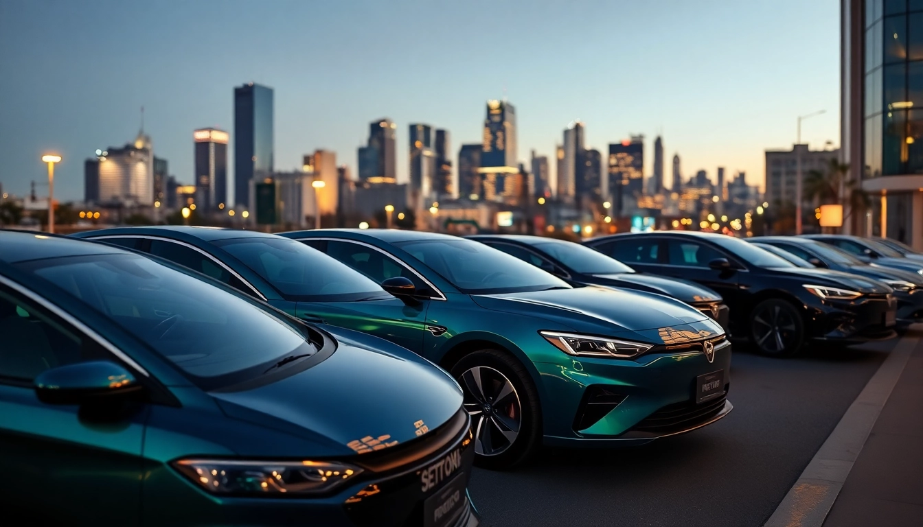 Elektroautos in urban cityscape, showcasing sleek designs and modern technology.