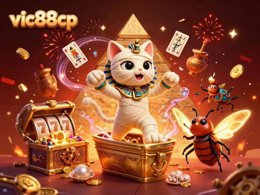 Experience the excitement of vic88cp with a mummy cat and treasures in a vibrant casino scene!