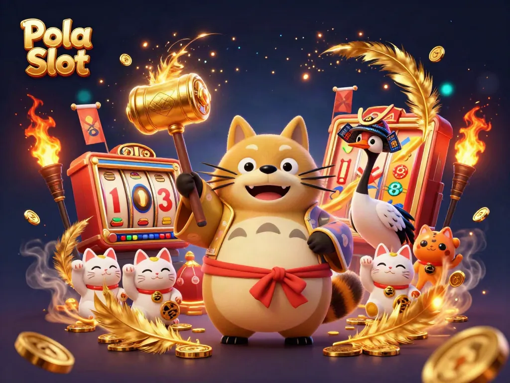 Experience Pola Slot with a cheerful raccoon dog and lucky cats in a vibrant 3D casino scene.