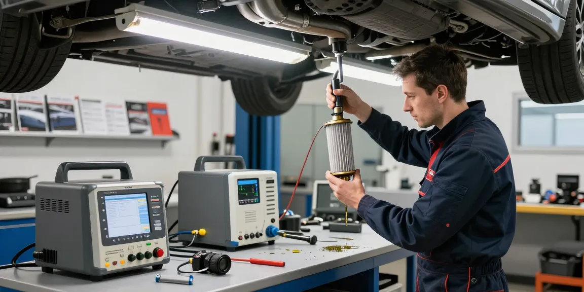 DPF Reinigung Hannover Dienstleistungen von einer professionellen Kfz-Werkstatt, die einen Techniker zeigt, der DPF-Filter inspiziert.