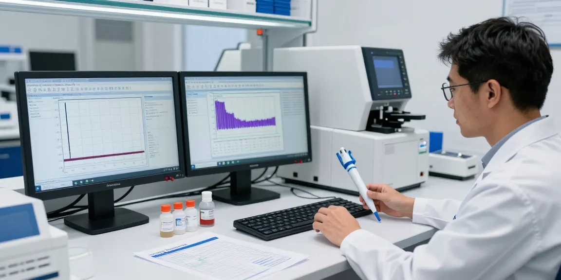 Aegean Labs peptide testing process with an analyst examining HPLC results in a bright, modern laboratory.