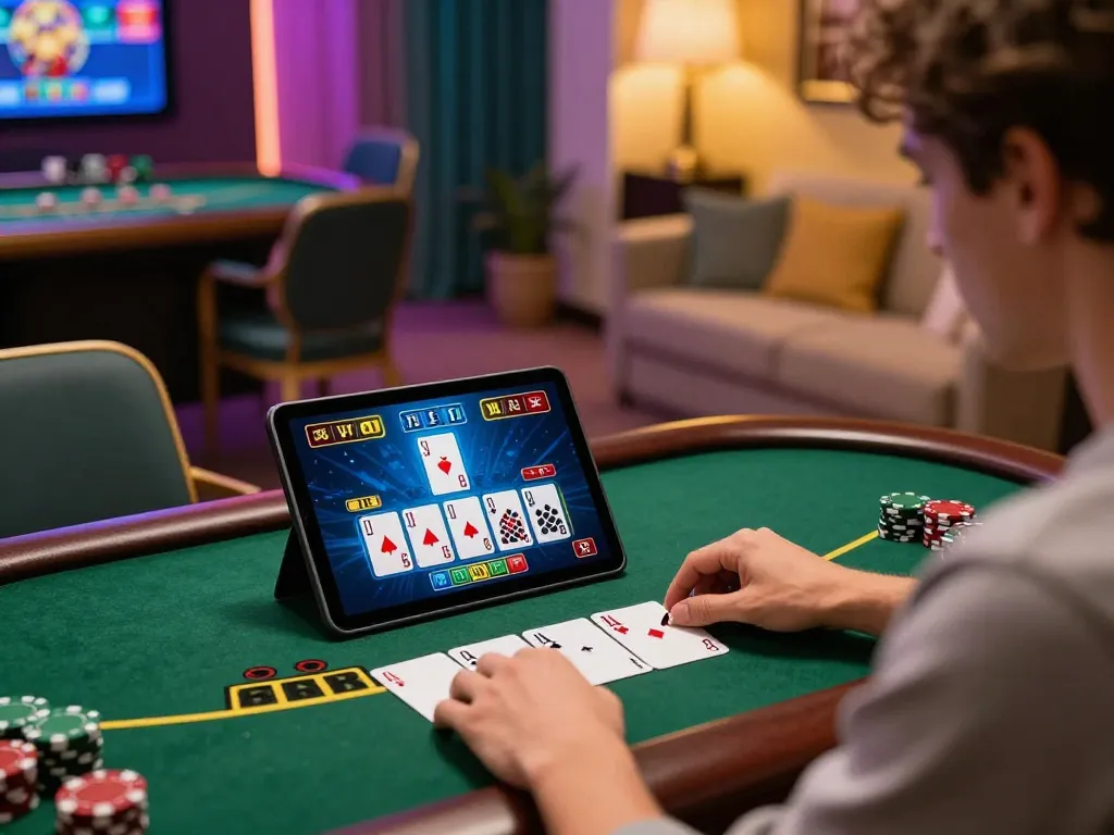 Player enjoying live dealer blackjack at KKWIN online casino on tablet in cozy home setting.