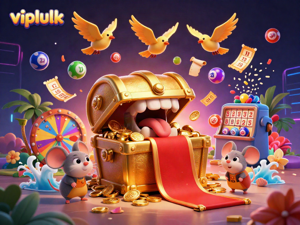 Engage with vipluck's vibrant casino scene, featuring dynamic lottery balls and a treasure chest inviting players.