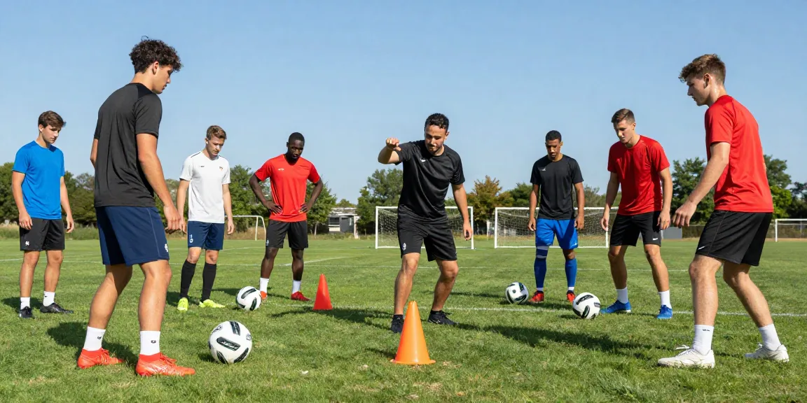 Hochwertige Fußbälle kaufen und im Team trainieren, Spieler auf dem Feld.