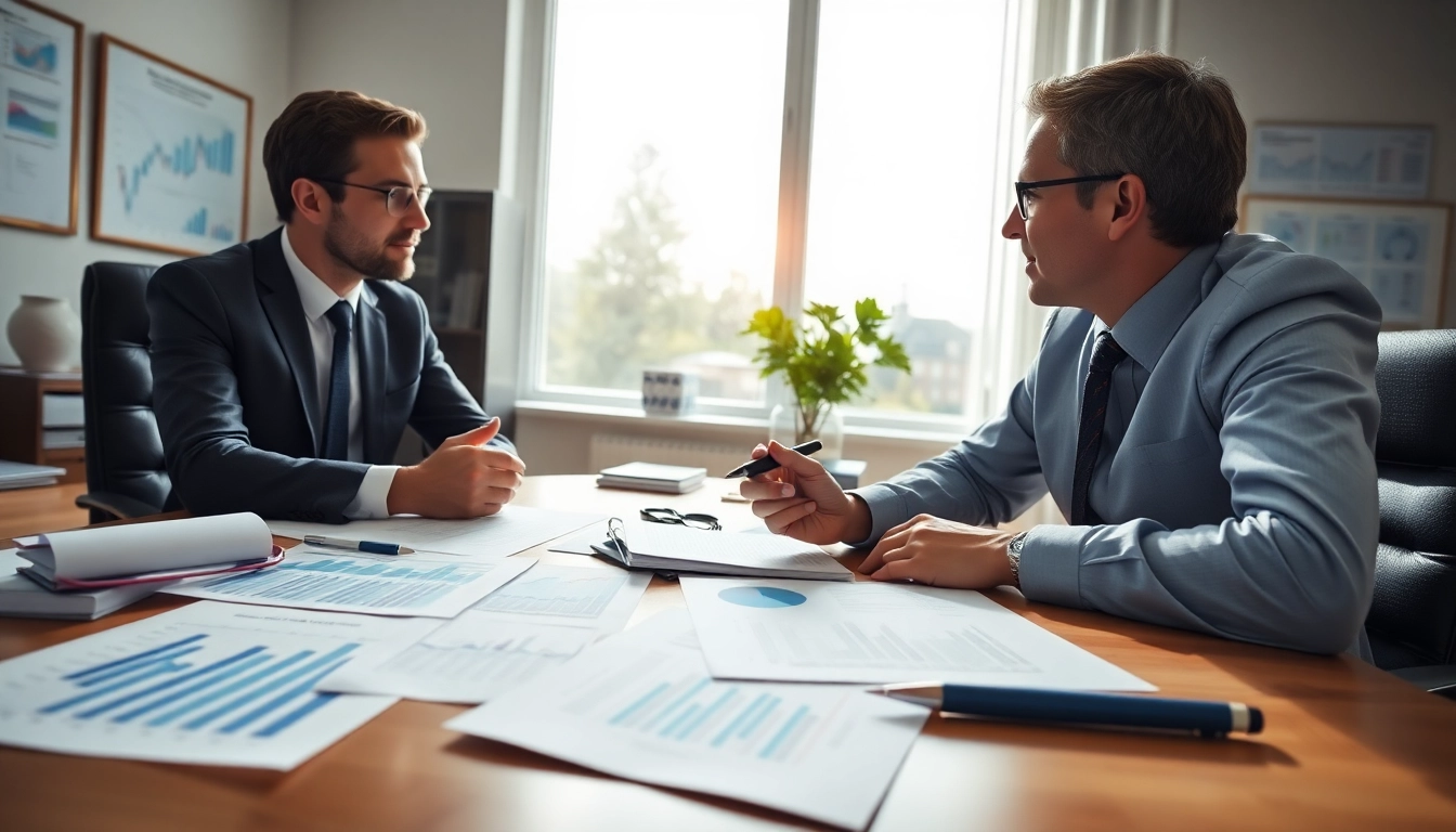 Beratung zu Finanzamt Schulden mit einem Experten im Büro, umgeben von Finanzdokumenten.
