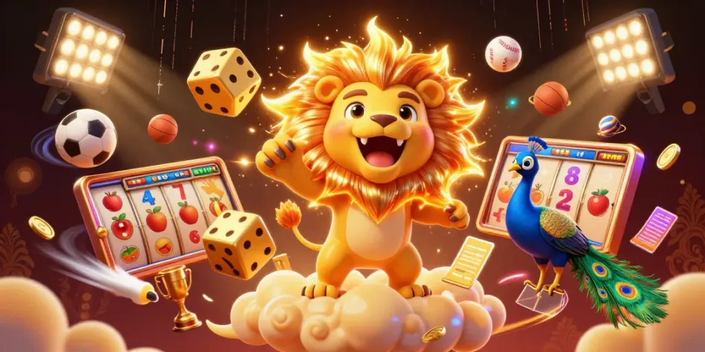 Experience big wins with slots illustrated through a sun lion and golden elements in a vibrant casino scene.