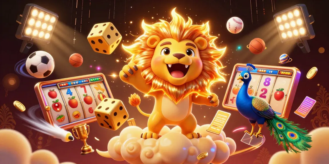 Experience big wins with slots illustrated through a sun lion and golden elements in a vibrant casino scene.