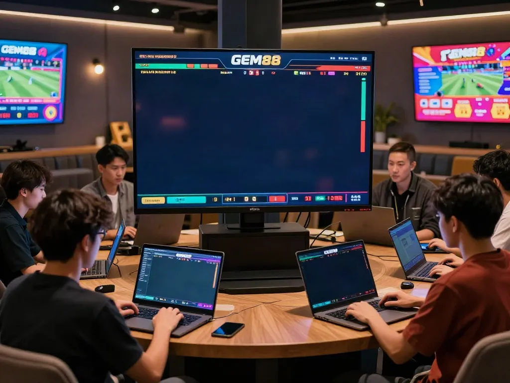 Engaged players enjoying live sports betting experience at https://gem88.bz/ in a vibrant lounge setting.