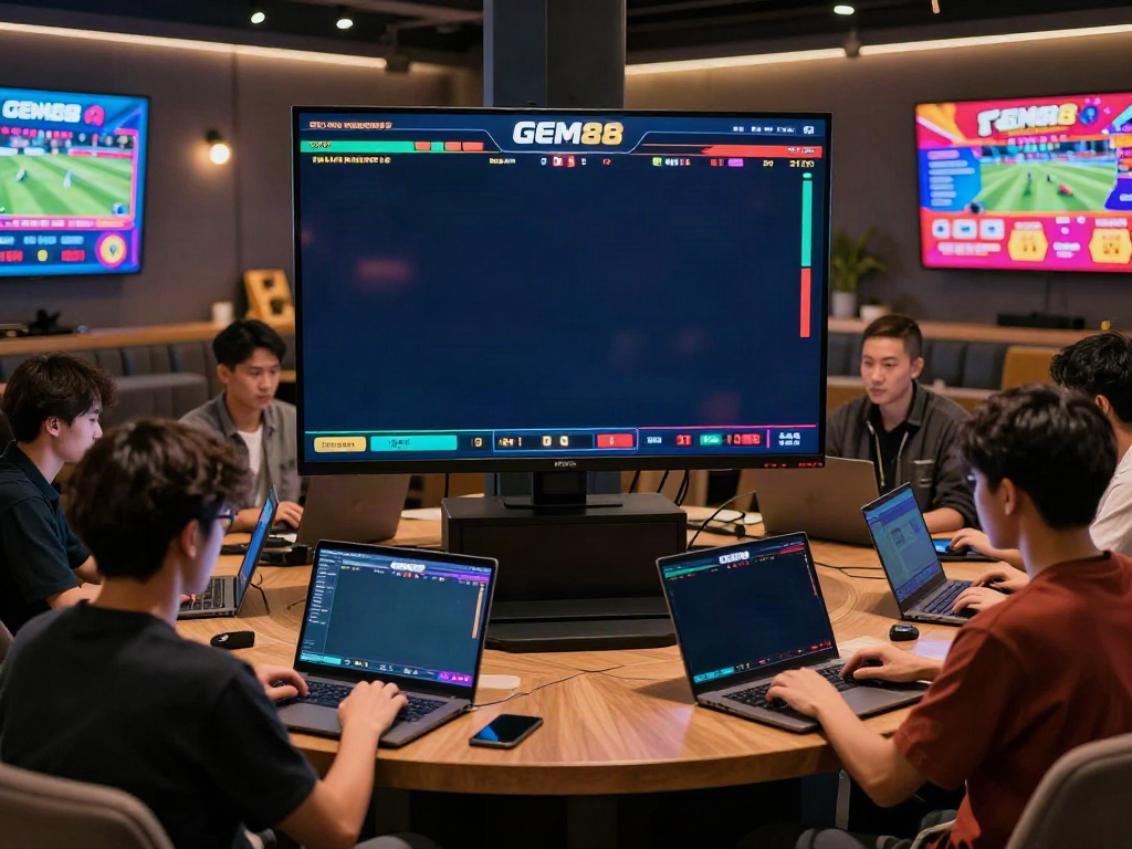 Engaged players enjoying live sports betting experience at https://gem88.bz/ in a vibrant lounge setting.