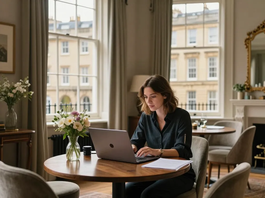 Professional host managing Airbnb management in Bath, showcasing inviting Georgian apartment ambiance.