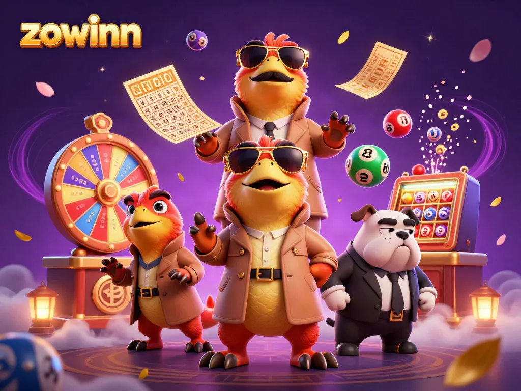 Engage with the vibrant scene at Zowinn's casino, featuring raptors and a bulldog amidst exciting games.