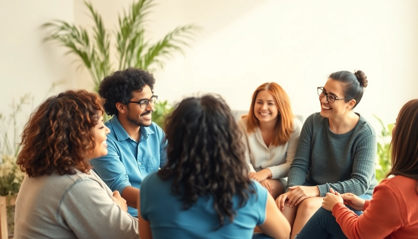 Mental health awareness scene with diverse people engaging in supportive conversation.