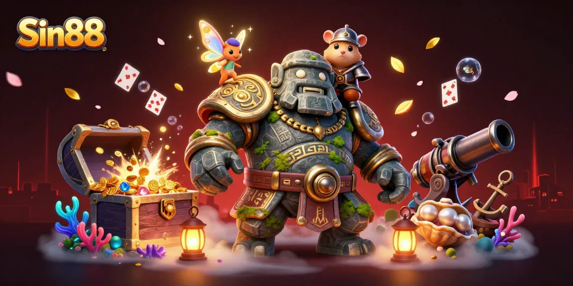 Engage with the thrilling Sin88 adventure, featuring a magical scene of a golem and fairy amidst casino treasures.
