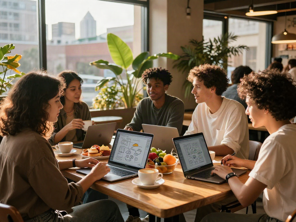 Youthful urban café atmosphere with a group enjoying ideas and rokok88 connections.
