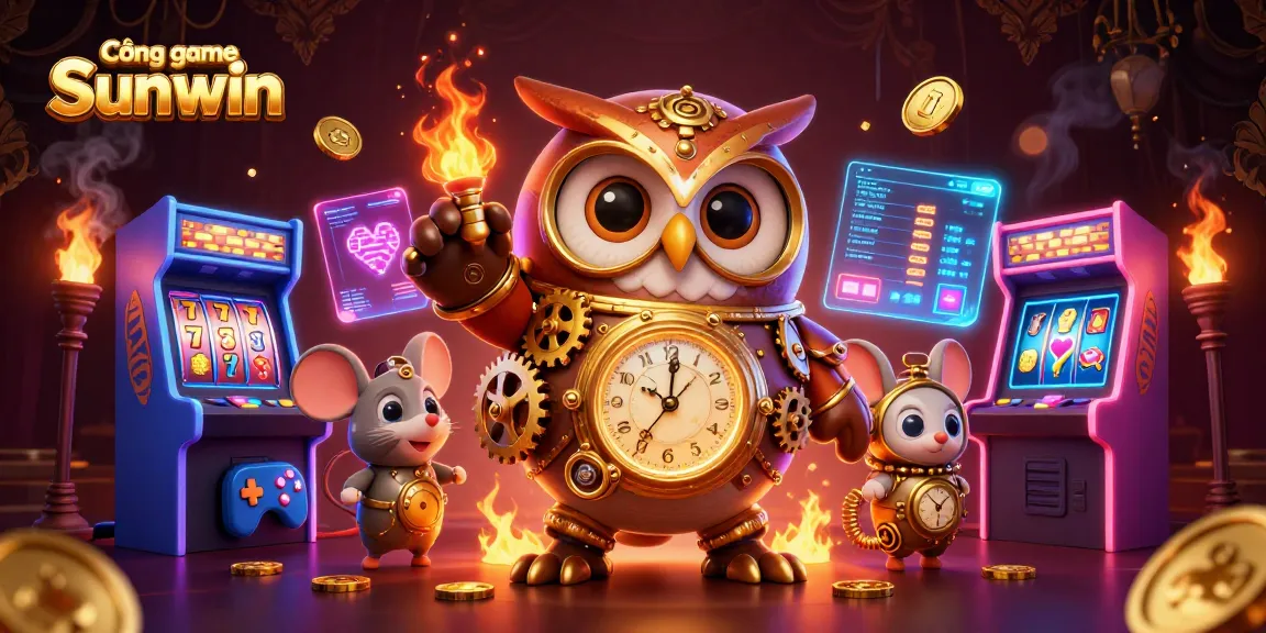 Cổng game Sunwin showcases a vibrant casino scene with a time-traveling owl and slot elements for exciting gameplay.