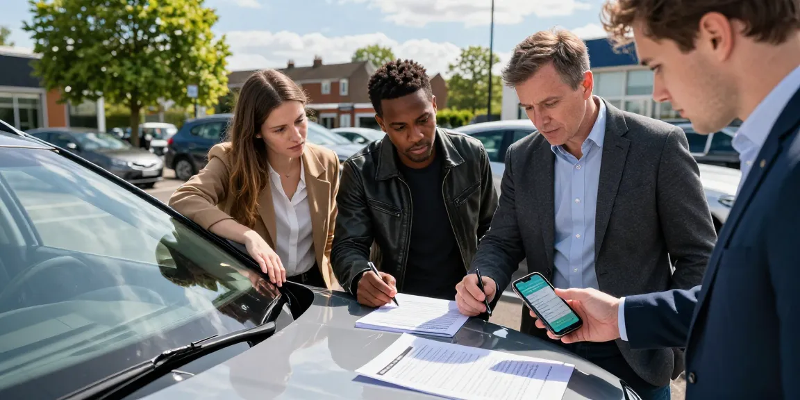 Group of car buyers using a car history check UK for informed decisions, examining vehicle details.