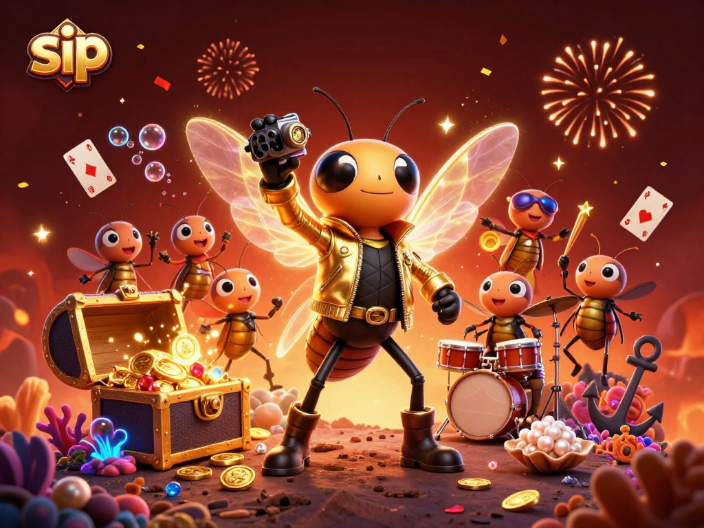 Engage with sip in this vibrant 3D casino scene featuring a cicada rock star.