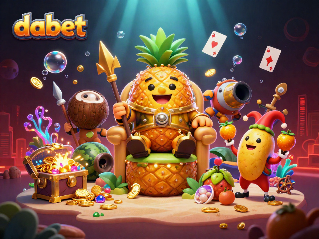 Dabet promotes thrilling casino entertainment with a vibrant 3D beach scene showcasing the pineapple king.