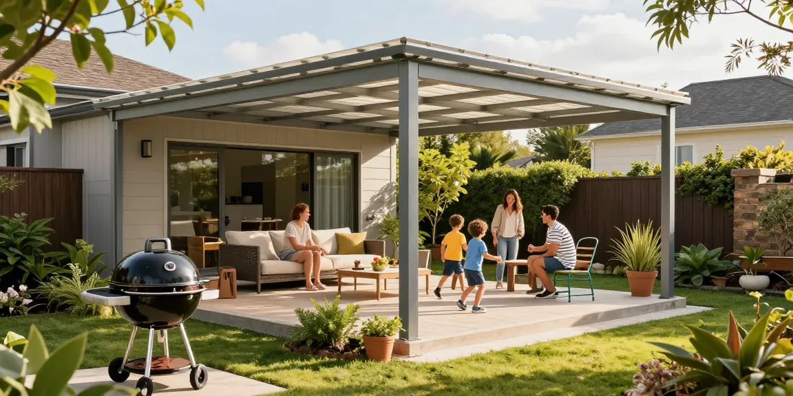 Freistehende Terrassenüberdachung in einem Garten, Familie genießt sonnigen Nachmittag.