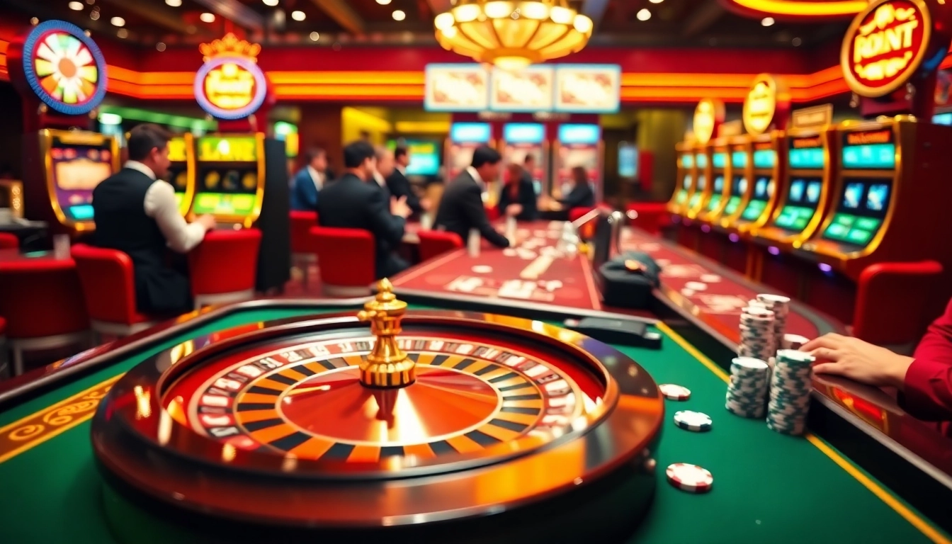 Players enjoying intense roulette gameplay at https://rr88a.us.com/, surrounded by colorful poker chips and slot machines.