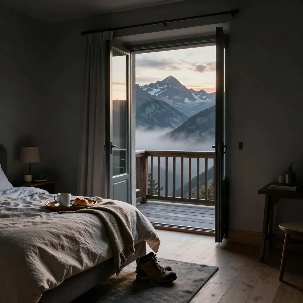 Offene Bergauszeit im Apartment mit Bett, Balkon und Gipfelblick im Abendlicht.