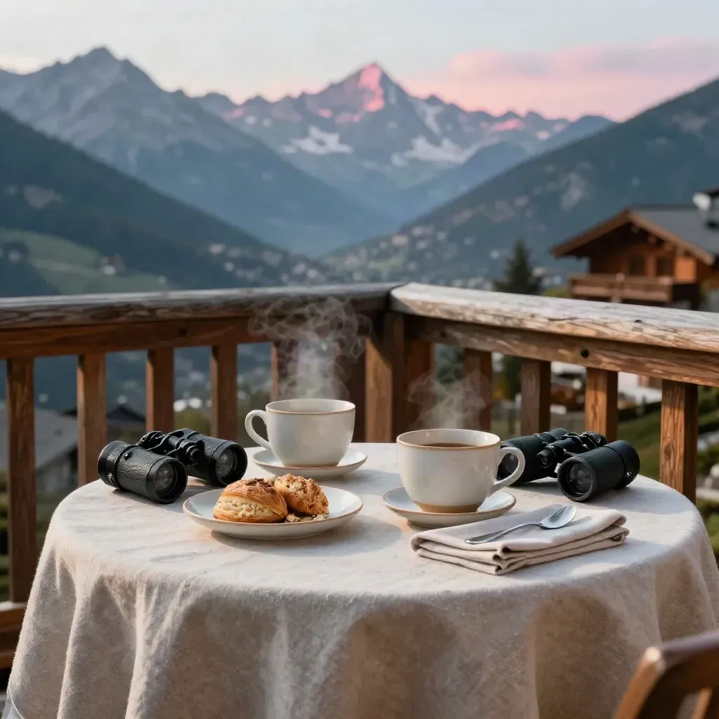 Frühstückstisch auf dem Balkon mit Blick auf Berggipfel im Morgenlicht.