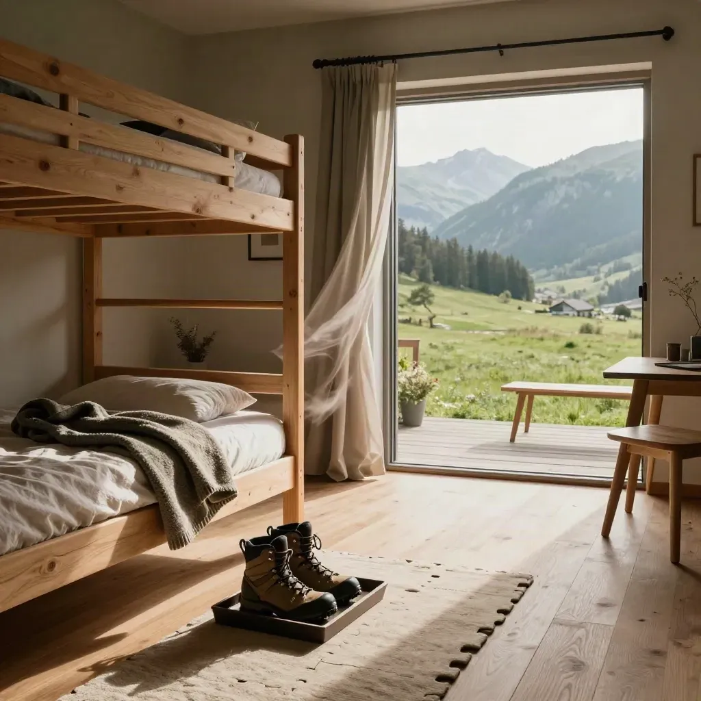 Familienapartment mit Stockbett, Schuhablage und geöffneter Terrassentür zum Almgrün.