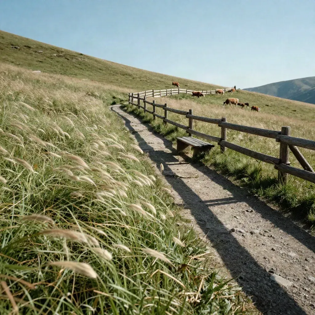 Alpenwiese mit Pfad, Holzzaun, Bank und wehendem Gras