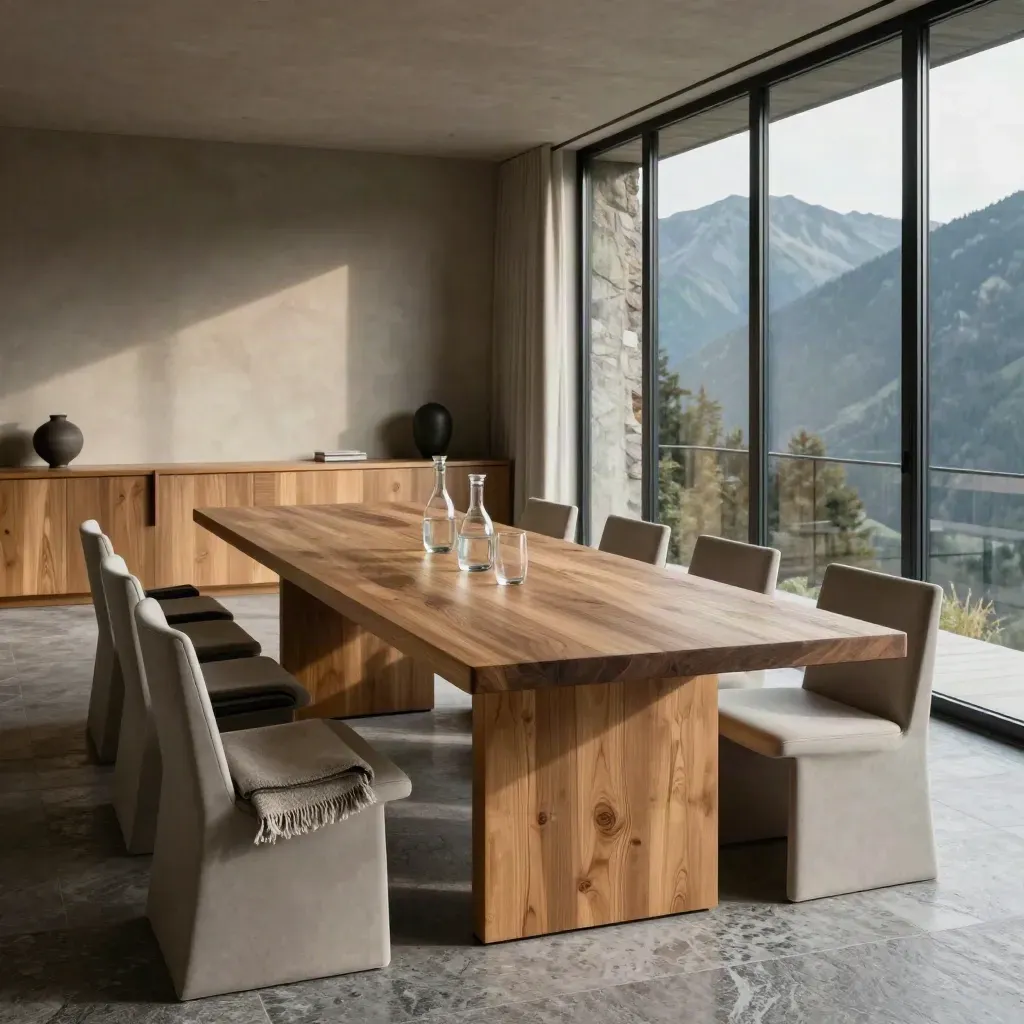 Gruppenraum mit Holztisch, Glasfront und Bergenlicht, leere Stühle, Kannen und Wolldecken.
