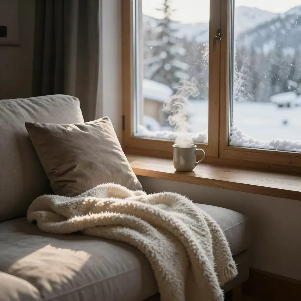Gemütliche Leseecke mit Wolldecke, dampfendem Becher und Schnee am Fenster im warmen Chalet.