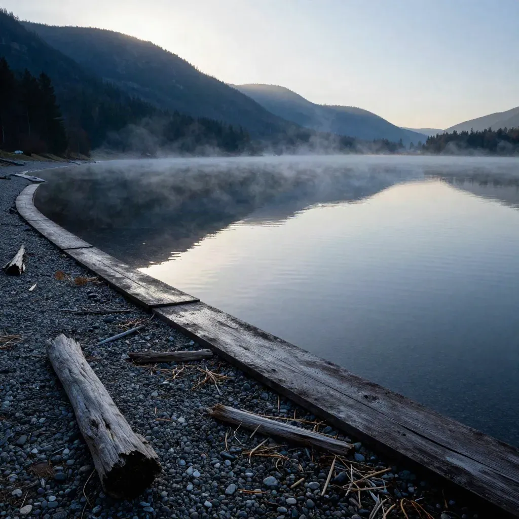 Morgendämmerung am Bergsee mit Steg, Kiesufer und spiegelndem Wasser im Nebel.