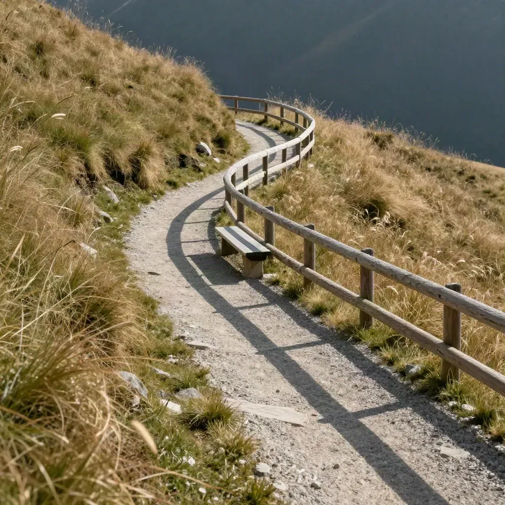 Bergweg mit Holzgeländer, Rastbank und Gras im Wind, von oben entlang der Serpentinen.