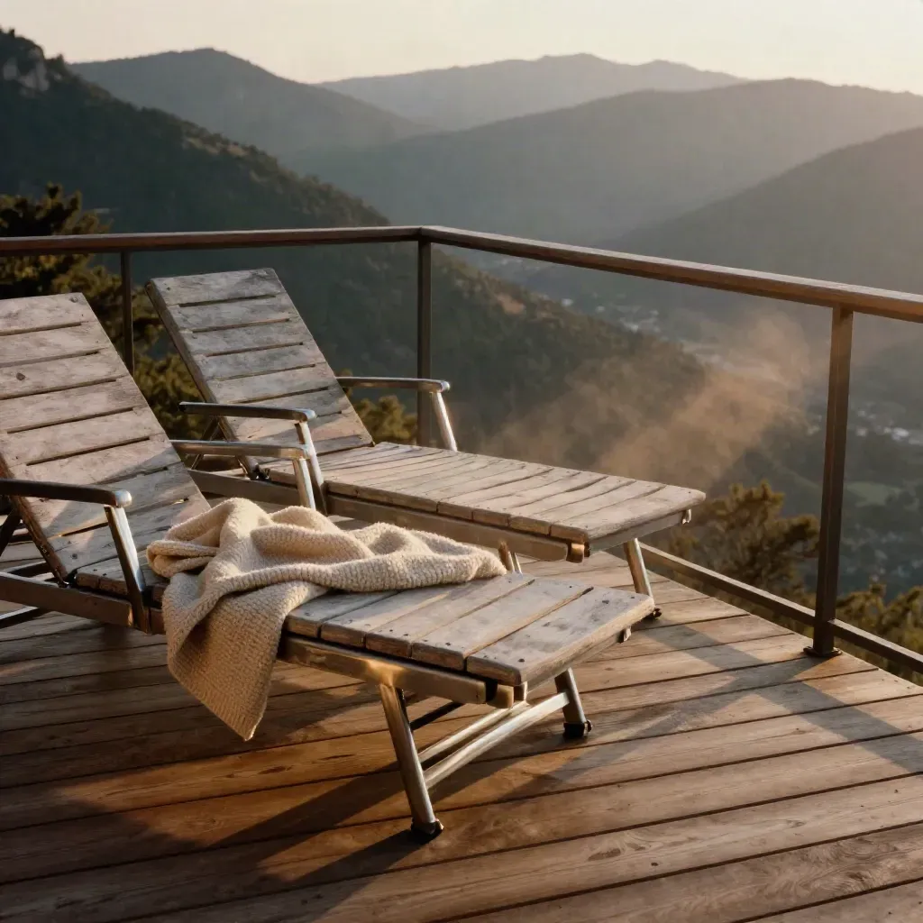 Terrasse im Abendlicht mit zwei leeren Liegen, Wolldecke und weitem Talblick.