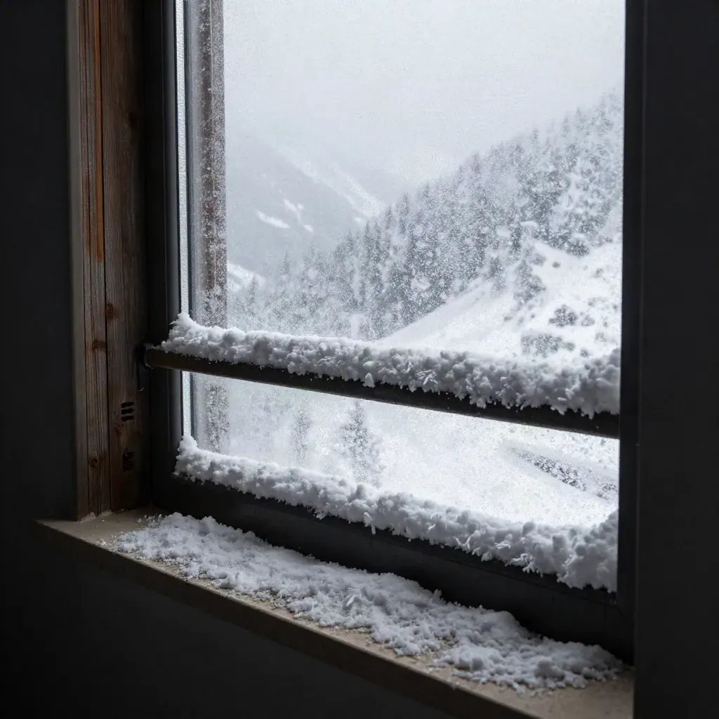 Schneebedecktes Terrassengeländer am Fenster, Blick ins verschneite Tal