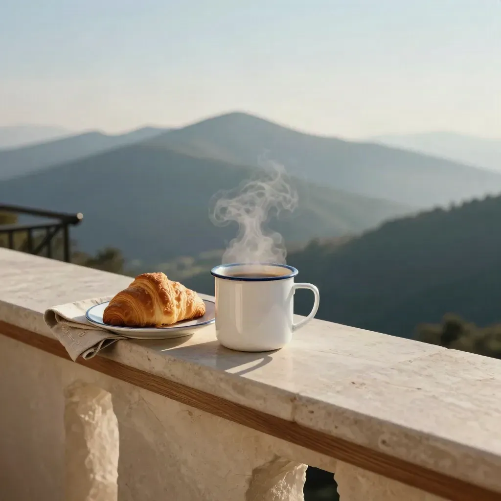 Kaffeetasse und Frühstücksteller auf dem Balkon mit Bergkamm im Morgenhauch