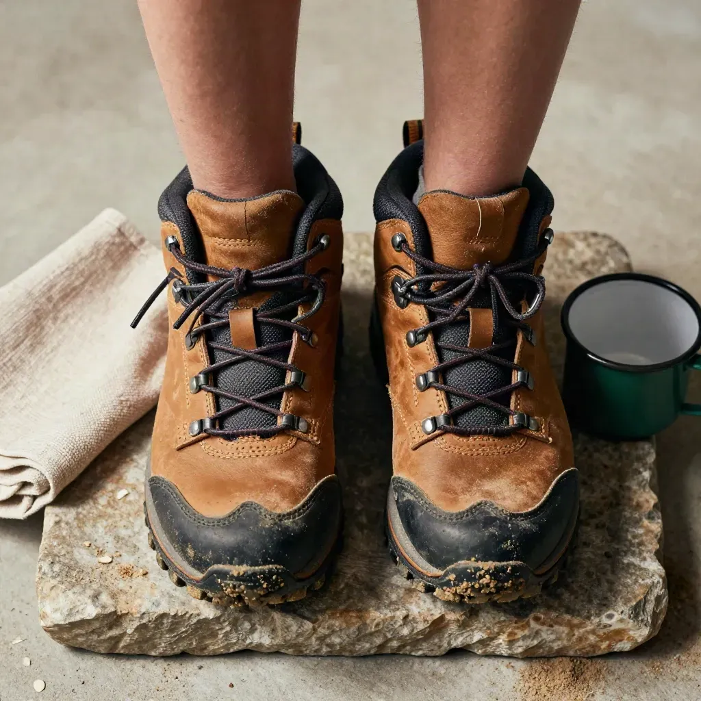 Hikingstiefel mit Schmutzsohlen, Tuch und Emaillebecher auf Steinplatte