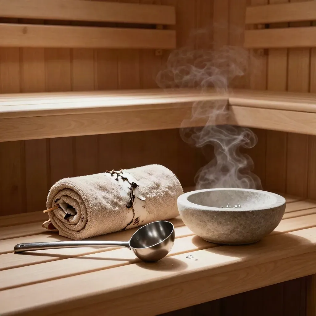 Sauna-Löffel, Leinentuch, Birkenbündel und Steinschale im warmen Holzraum
