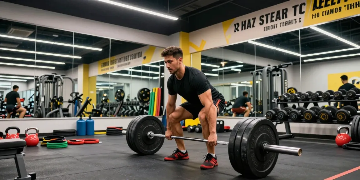 Der Anabolika Shop Deutschland zeigt einen Bodybuilder, der Kreuzheben in einem modernen Fitnessstudio mit Ausrüstung und motivierender Atmosphäre durchführt.