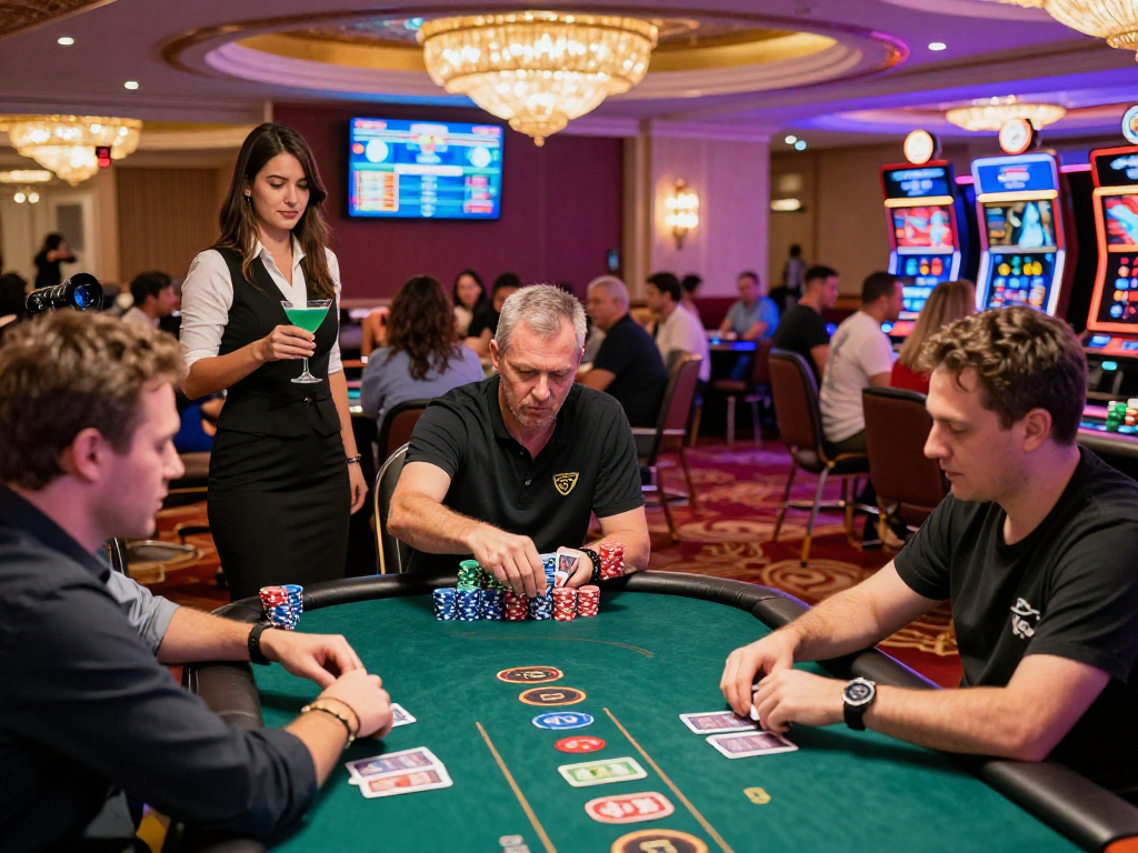 Experience the thrill of gaming at https://vin88-casino.games/ with players at a lively poker table in a vibrant casino.